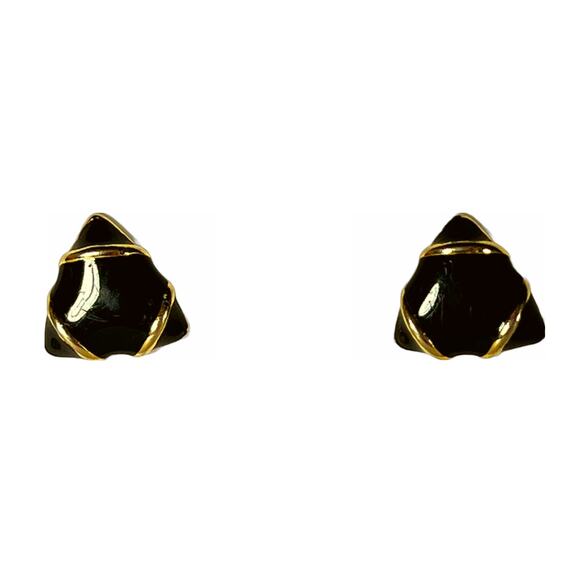 Black Enamel and Gold Tone Vintage Earrings, 1980s Triangle Pierced Studs - Picture 1 of 4